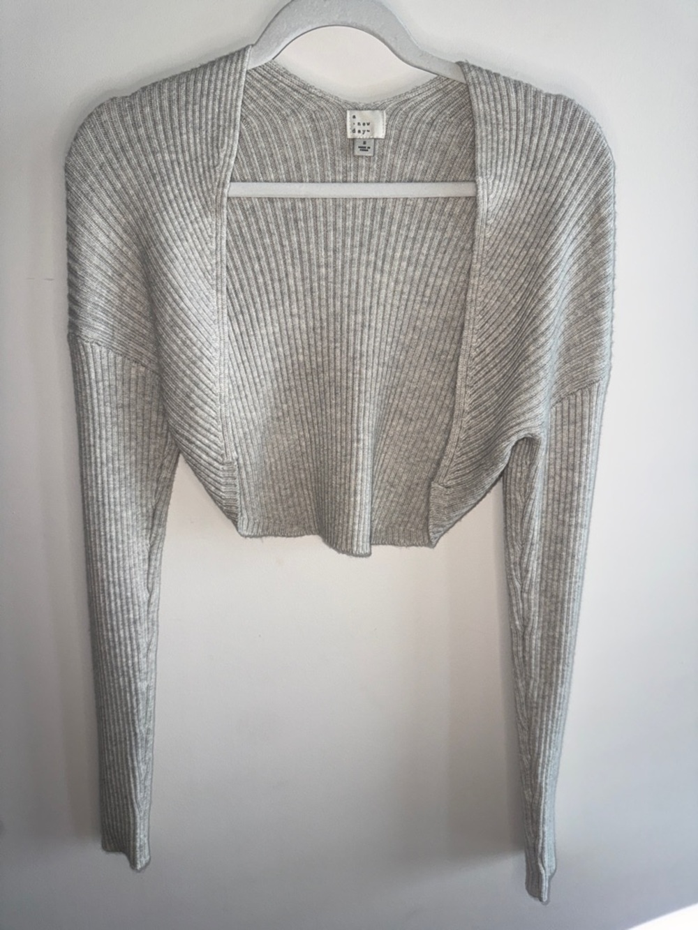 Cropped Ribbed Open Cardigan - Light Gray